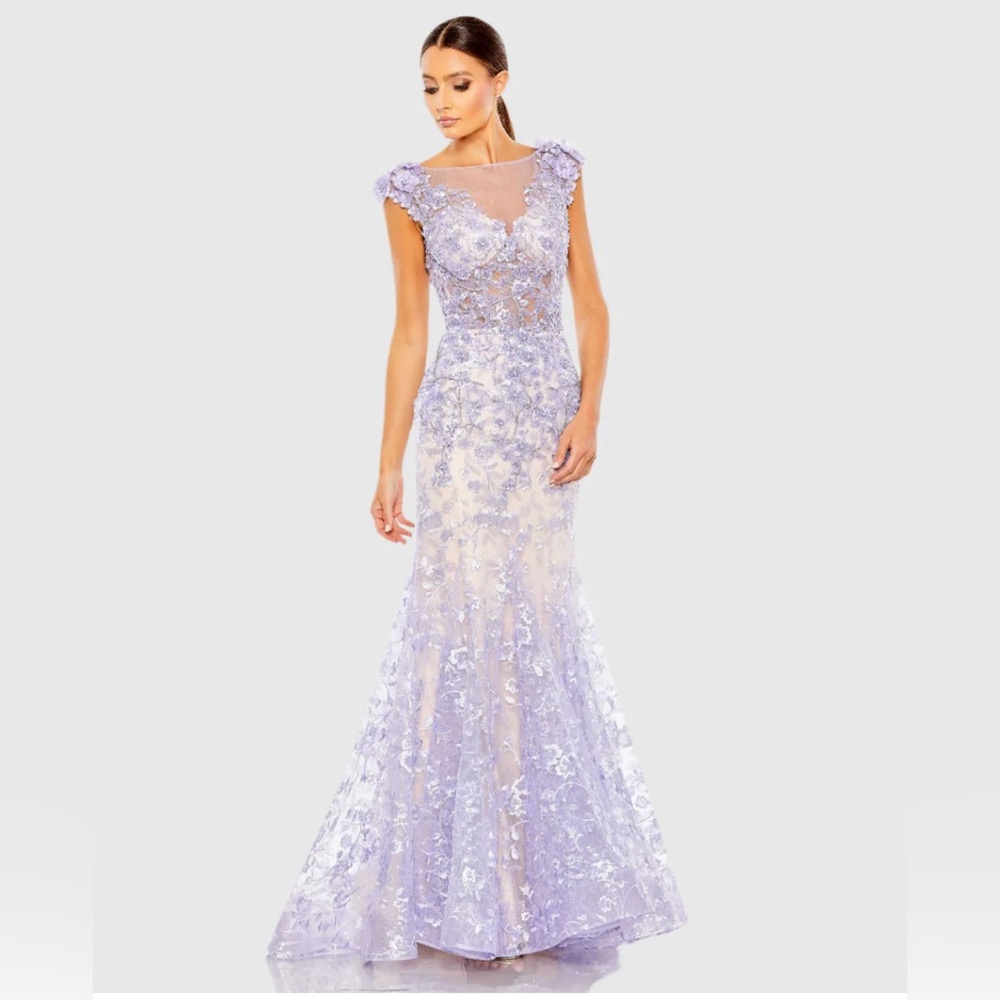 Mac Duggal Lavender Floral Lace Illusion Maxi Gown